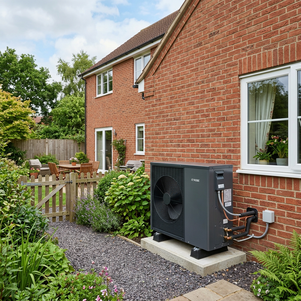 Heat pump unit mounted on concrete base outside a brick house with garden