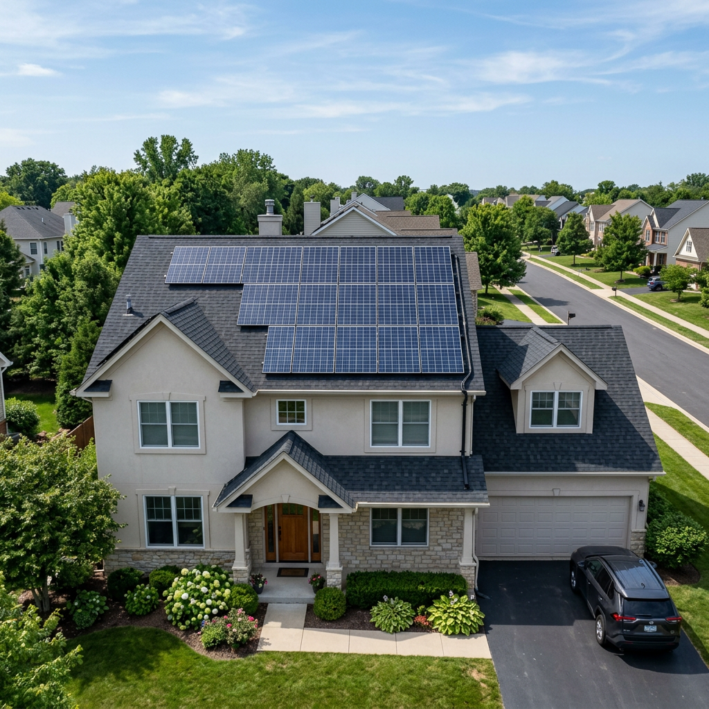 Suburban two-story house with multiple solar panels on its dark shingled roof