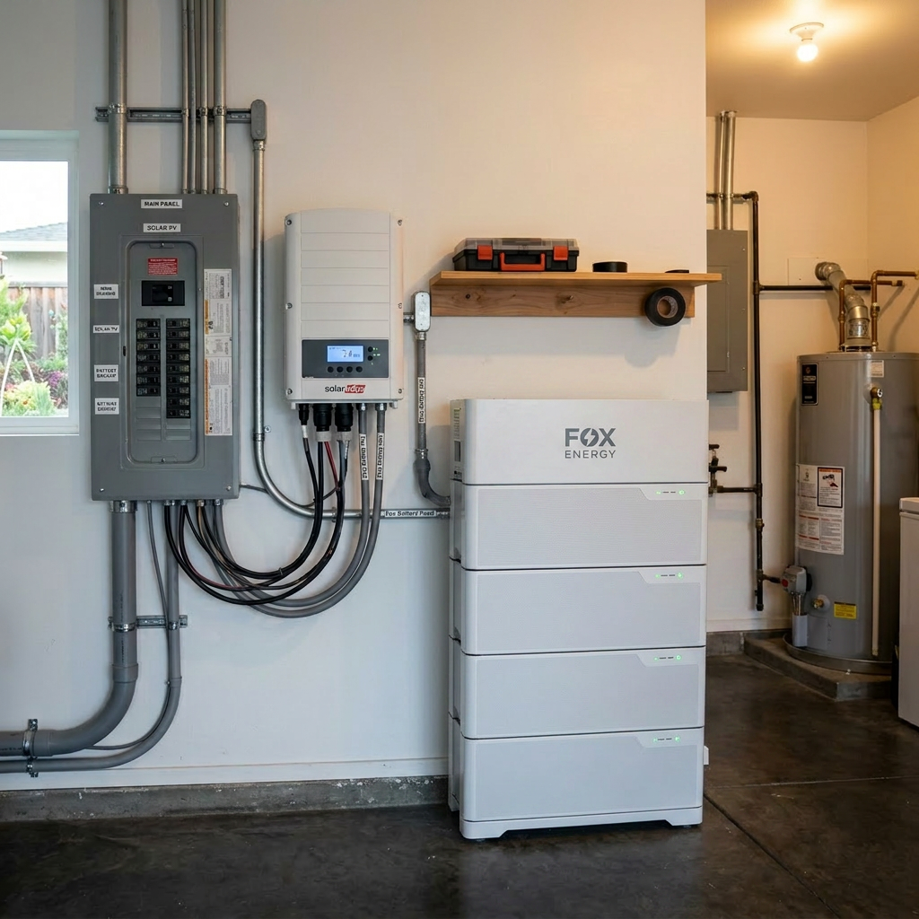 Tesla Powerwall battery storage system connected to solar inverter and main electrical panel in a garage